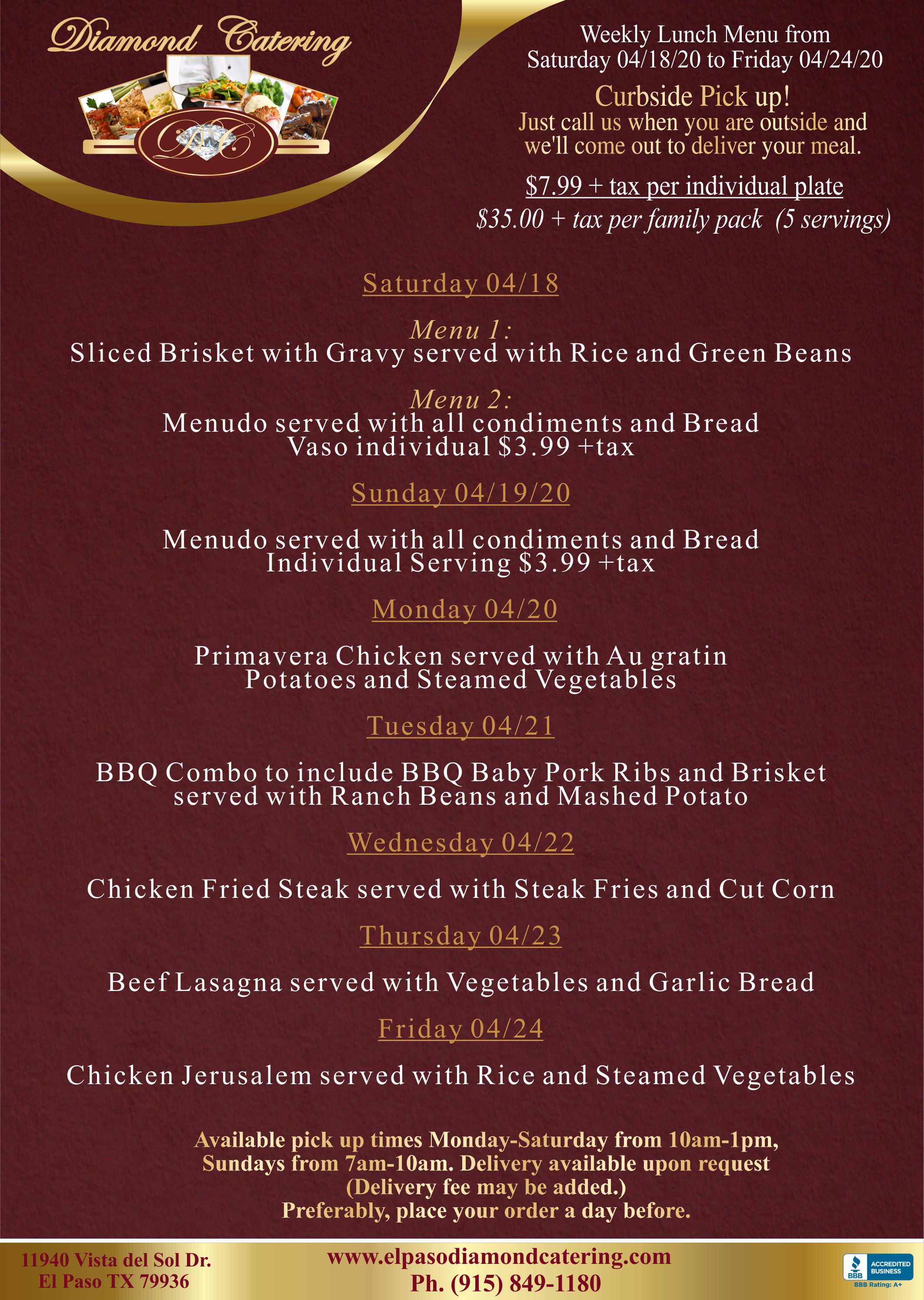 COVID19 Menu Diamond Catering